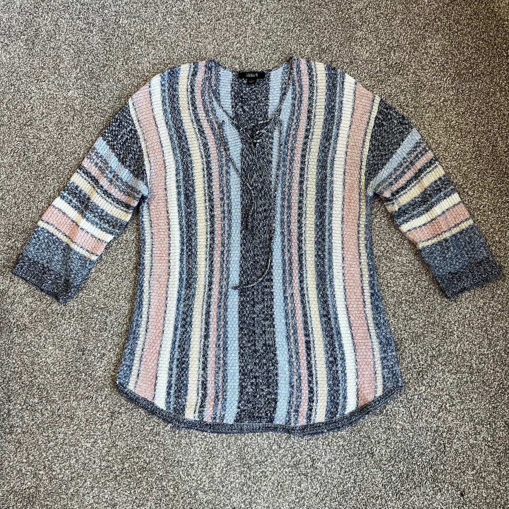 Striped Knit Pullover Sweater Pink Blue Cream Lace Up Tie 3/4 Sleeve, Size Large